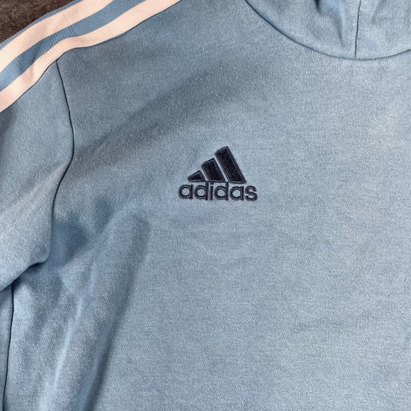 Adidas Hoodie Womens Small Blue Striped Pullover Sweatshirt Embroidered Comfort - Picture 5 of 13